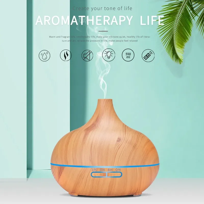Ultrasonic Aromatherapy Machine Humidifier Diffuser with Wood Grain Design 550ml Capacity Colorful Lights and Remote Control