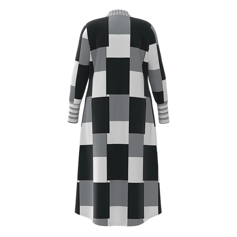 Plus Size Geometric Print Open Front Longline Coat, Check Printing Design, Casual, Long Coat , New Autumn Winter 2023