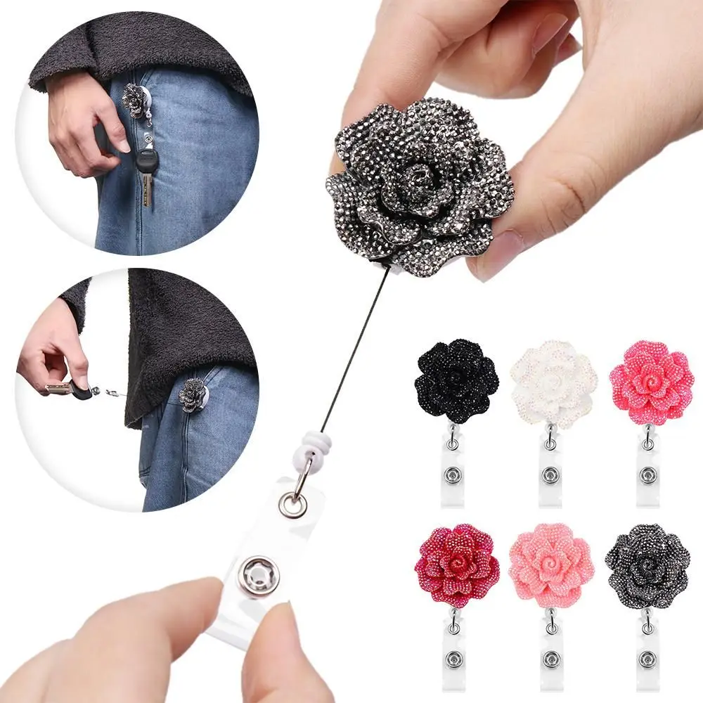 New Rose Shape Design Badge Reel Resina Retrátil Enfermeira ID Card Badge Reel Holder Elegante Floral ID Holder Lanyard Chaveiros