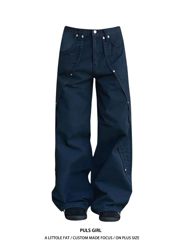 

plus Size American Retro Rivet Split Denim Jeans Women Casual Loose Slimming Straight Leg Long Pants High Waist Vintage Style
