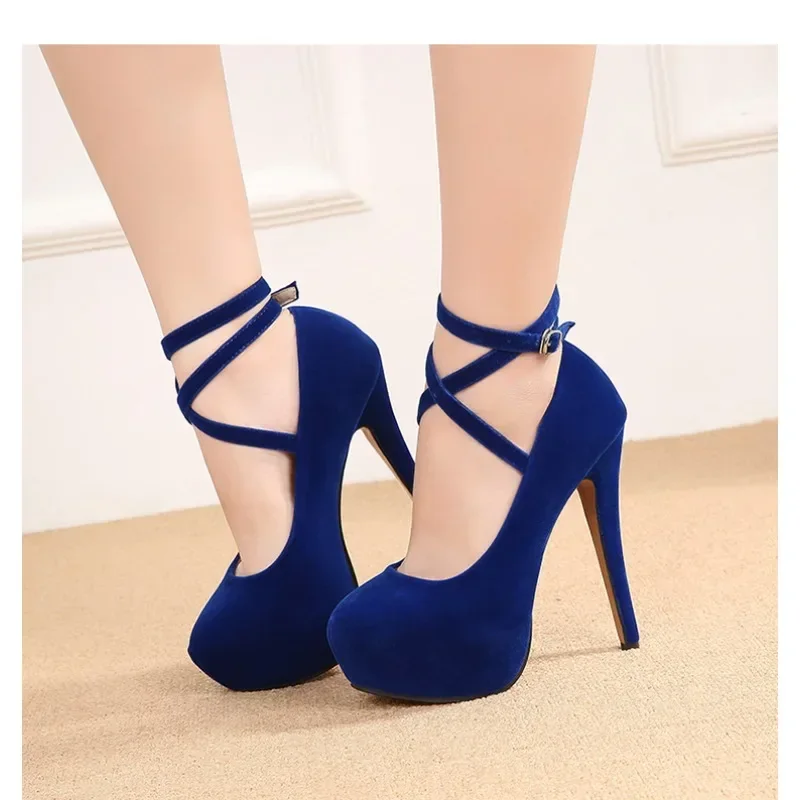 Pumps High Heel Women New Style Flock Fashion Cross Straps 14cm Heel High 4cm Platform Model Nightclub Sexy Plus Size 35-46