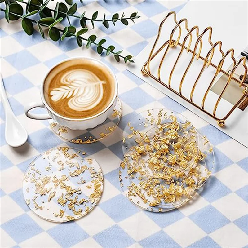 HOT 6 Pcs Gold Foil Acrylic Coasters with Holder,Coaster Set for Tabletop Protection Bar Home Kitchen Decor