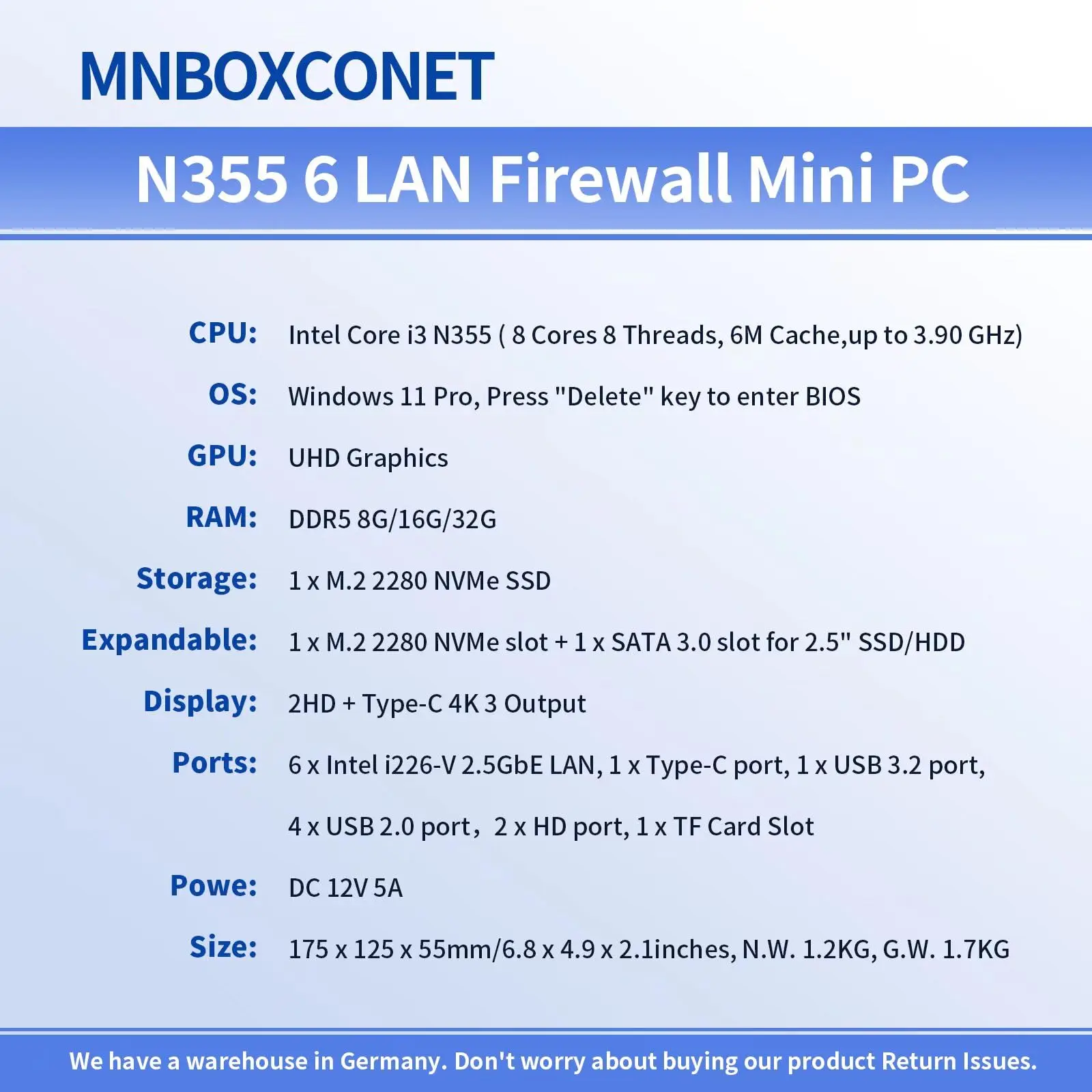 MNBOXCONET Mini PC N150 Firewall بدون مروحة (حتى 3.6 جيجا هرتز)، DDR5 Barebone Micro Appliance Hardware Computer 6 x 2.5 جيجا بايت I226-V LAN