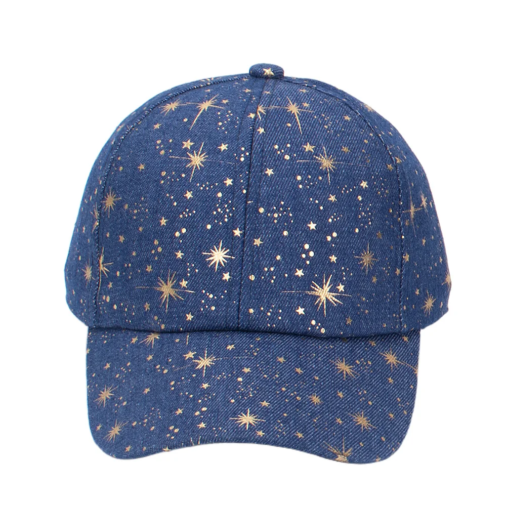 Casual Women Mens Denim Blue Baseball Cap Bronzing Printed Golden Starburst Design