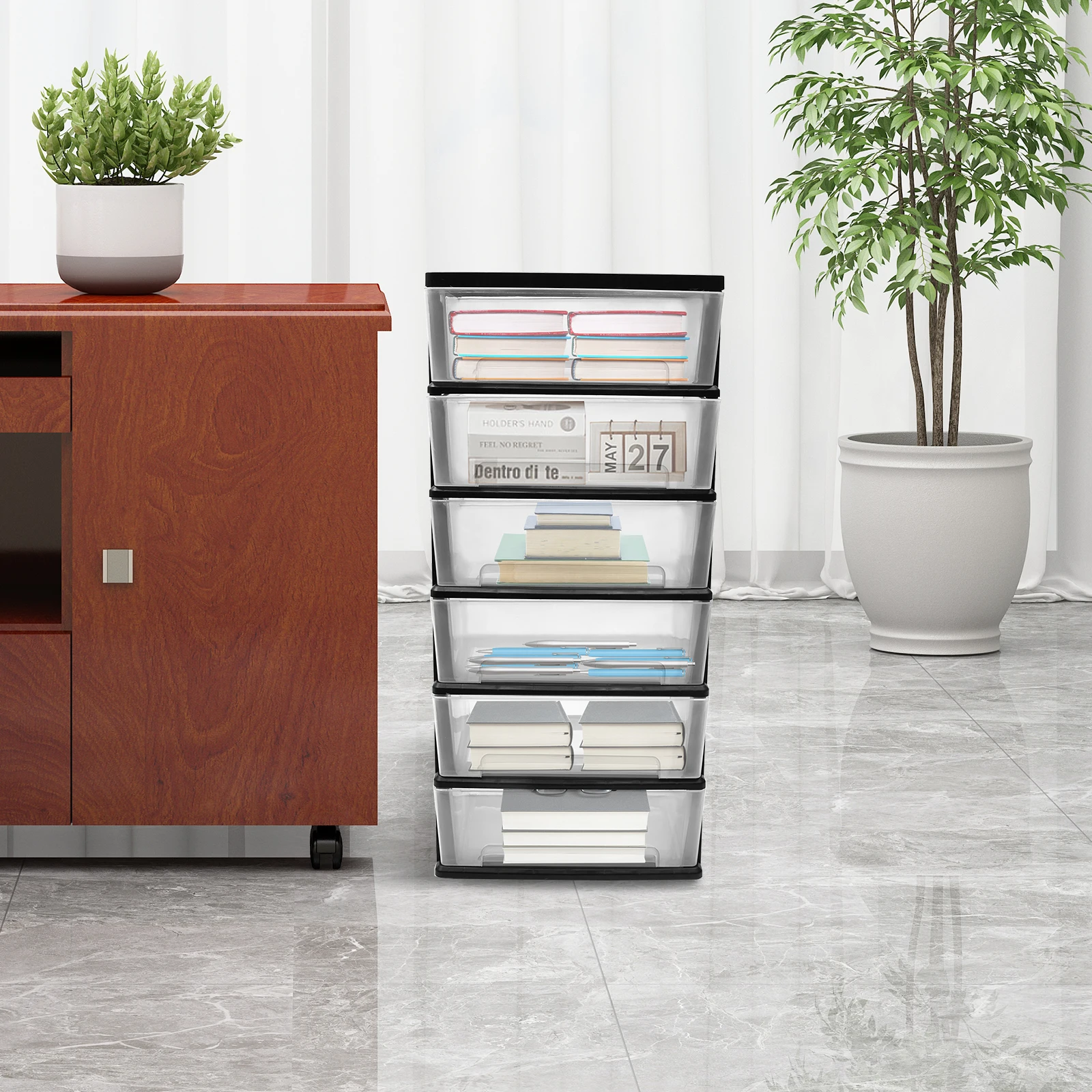 

Черный шестислойный картотечный шкаф из полипропилена 50x33x109 см на колесиках, для хранения формата А4