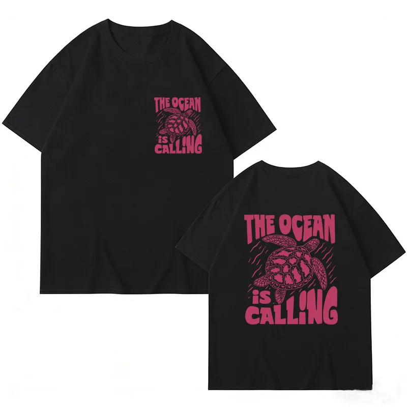 Sea Turtle The Ocean Is Calling Print T Shirt Vintage Casual Fashion Retro T Shirts Women T-shirt Round Neck Short Sleeve Shirt
