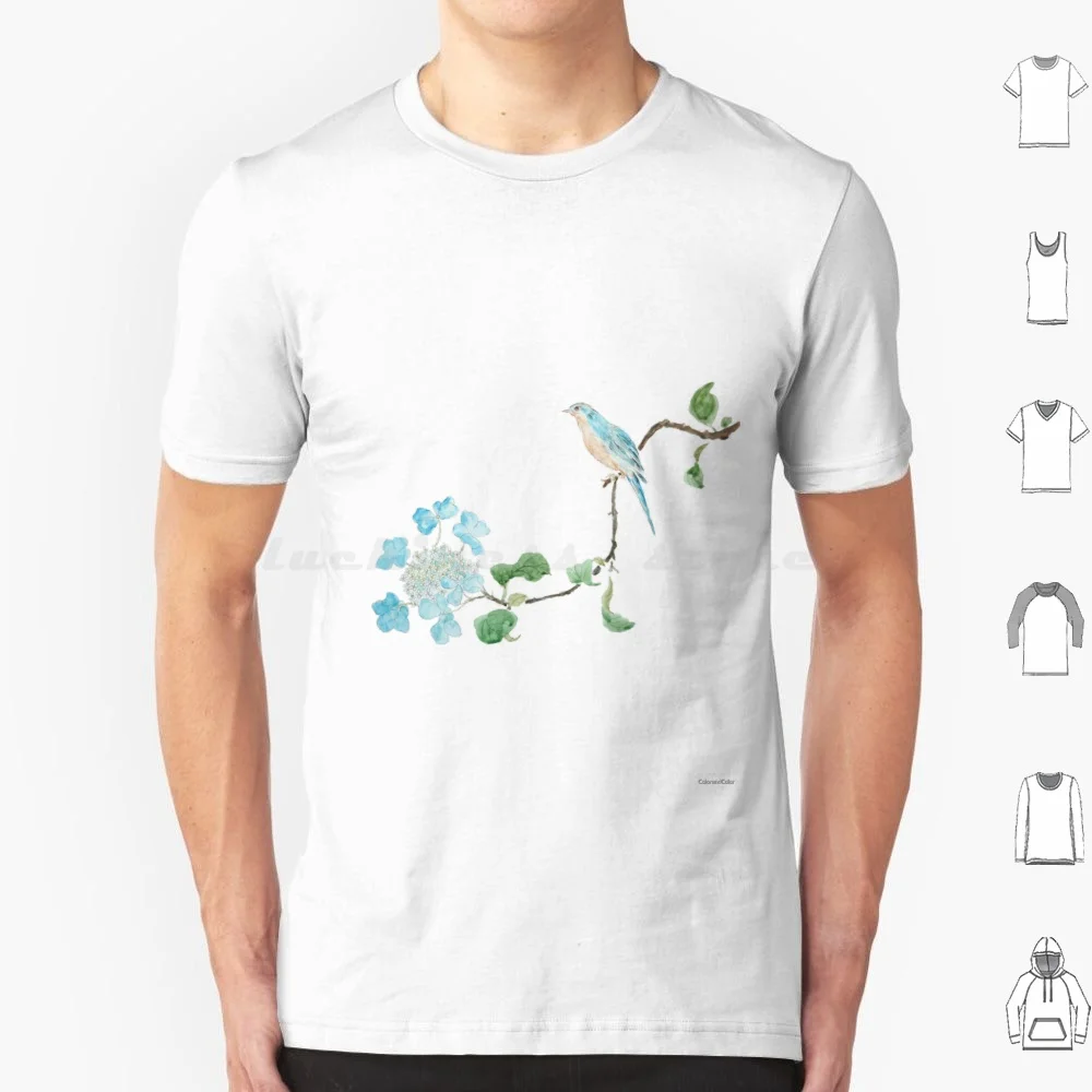 

Ручная роспись синих и синих птиц акварельная футболка 6xl хлопковая крутая футболка синий цветок весенние цветы летние цветы акварель