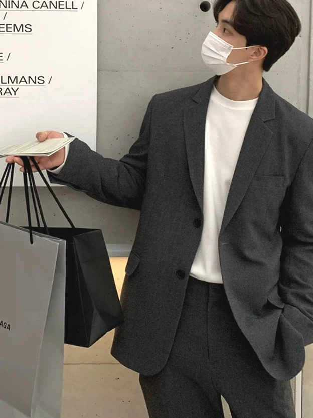 Deep Grey Shoulder Pad Men's  Casual Commute Single-Breasted Suit Jacket Korean Style Light Maturity Fashion Slim Fit