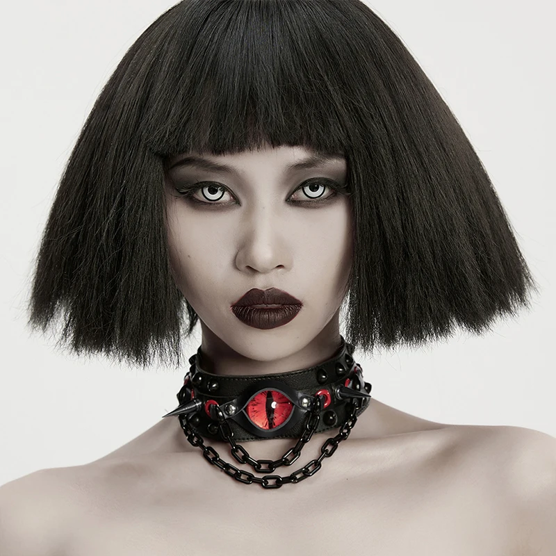 PUNK RAVE Women's Punk Artificial Leather Demon's Eye Rebellion Choker Spikes Rivets Dangerous Allure Dark Chains Accessories