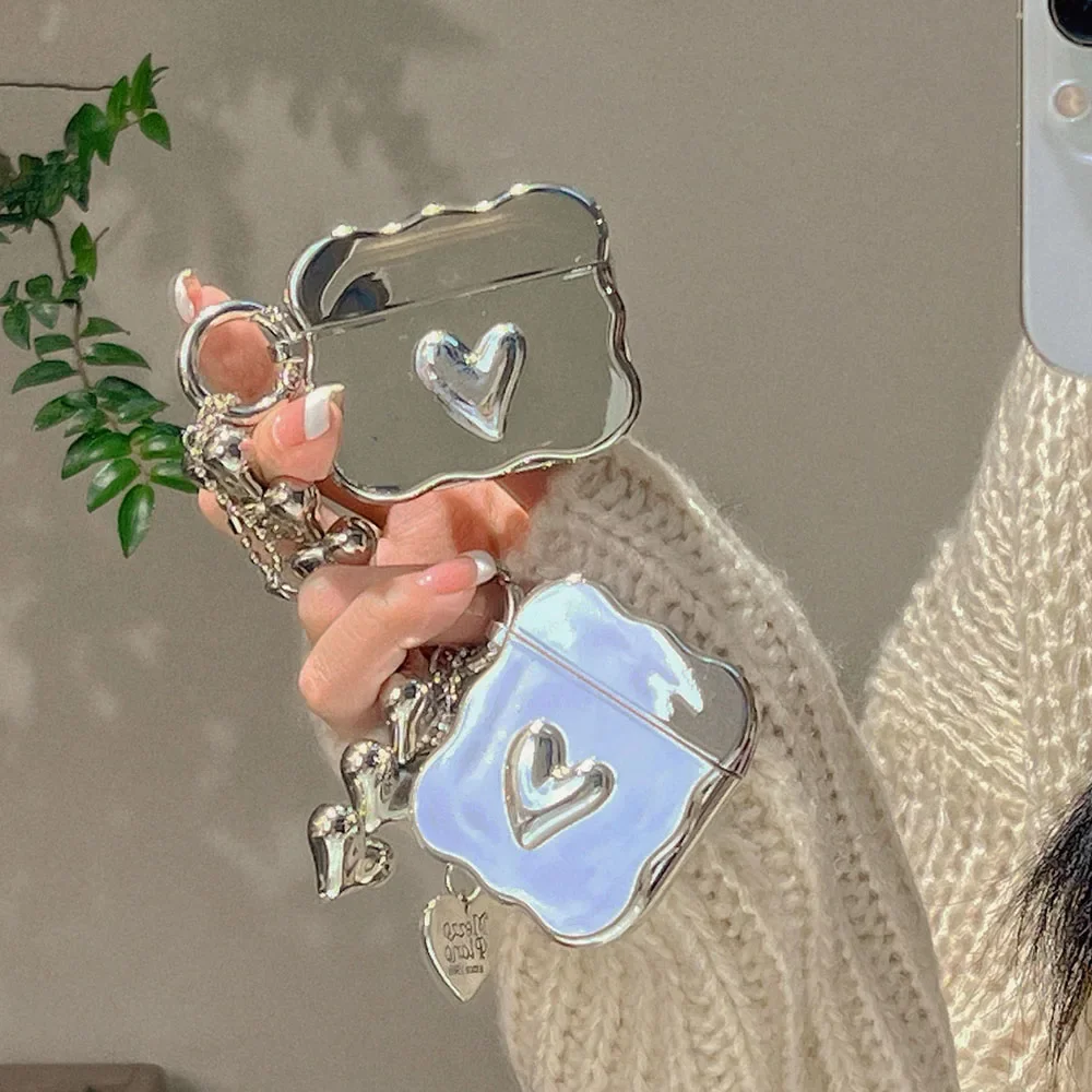 Luxury Electroplated Silver 3D Heart Earphone Box for Apple Airpods Pro 2 with Lanyard Cases for Air Pods 1 2 3 Cover Keychain