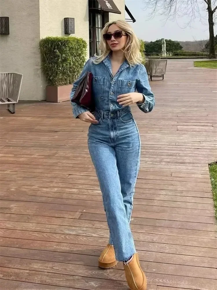 الخريف الأوروبية والأمريكية دعوى طوق جيب سليم مستقيم الساق السراويل الأزرق الدنيم بذلة المرأة الربيع و