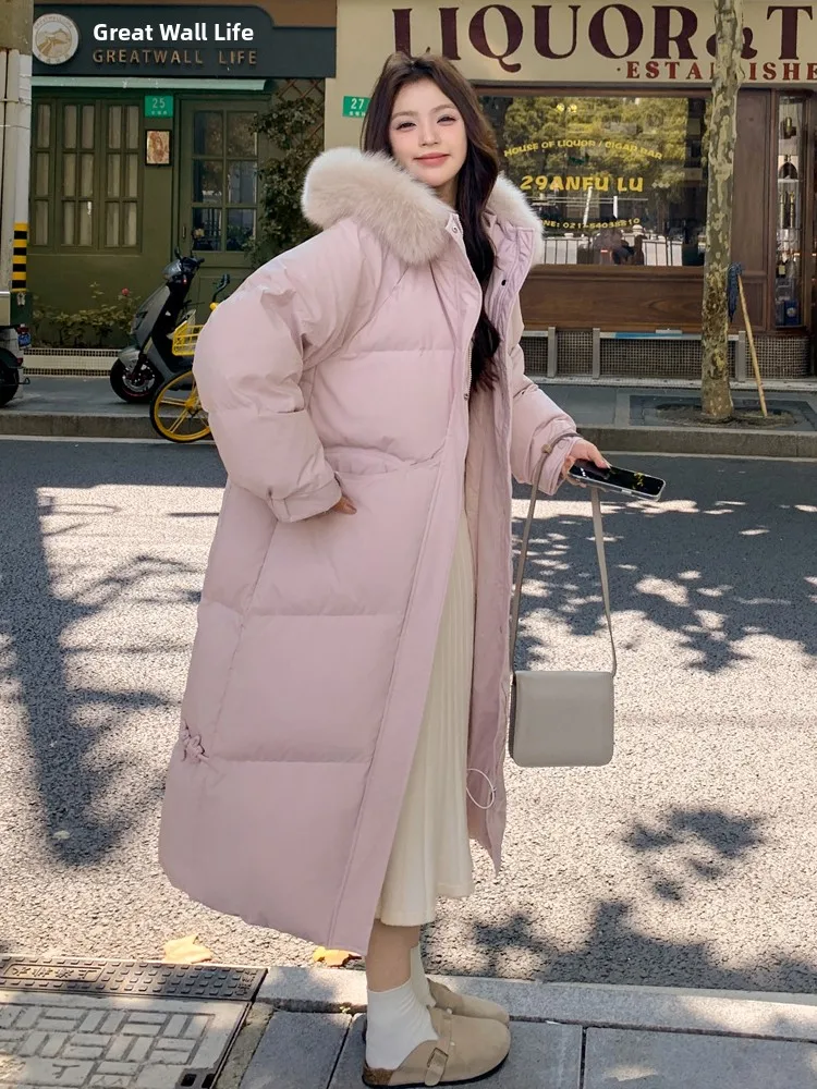 เสื้อโค้ทขนเป็ดสีชมพู แขนยาว สำหรับผู้หญิง ความยาวระดับเข่า แต่งขนที่ปก สไตล์เกาหลี ทรงตรง เหมาะสำหรับใส่ไปทำงาน