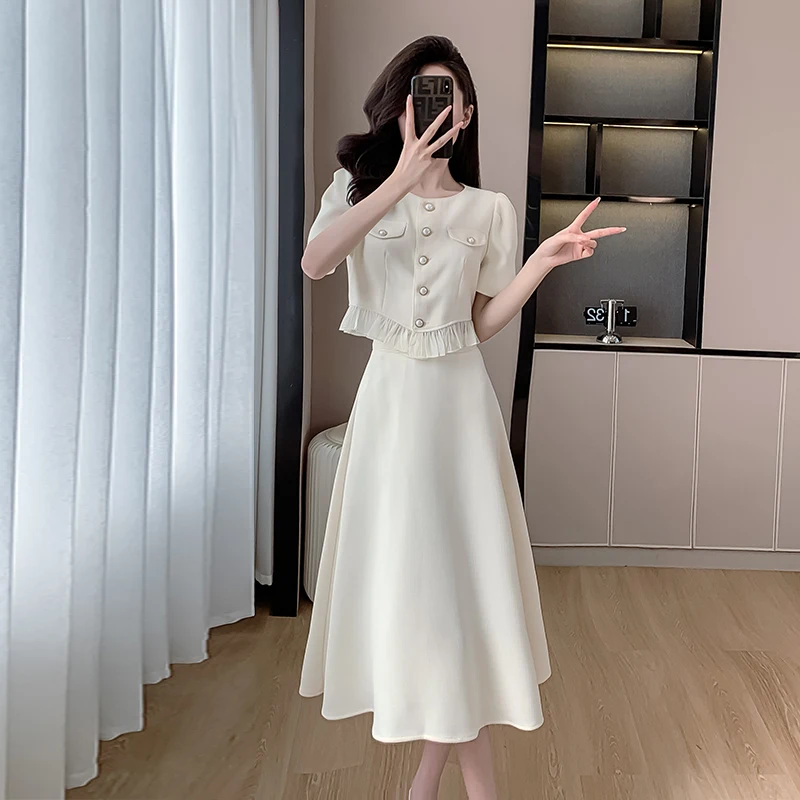 

Fashion French Summer Two Piece Set New Elegant Women Single Breasted Ruffles Short Tops + High Waist Ball Gown Midi Skirt Suits