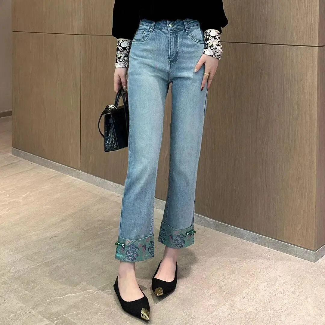 Chinese Style Jeans For Women's Spring Summer 2024 New High Waisted Straight-leg Pants Vintage Denim Trousers