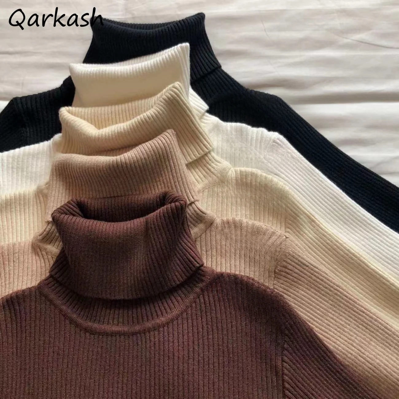 

Pullovers Women Korean Fashion Solid Elastic Slim Fitting Casual Streetwear Turtleneck Knitwear Chic All-Match Female Stretchy