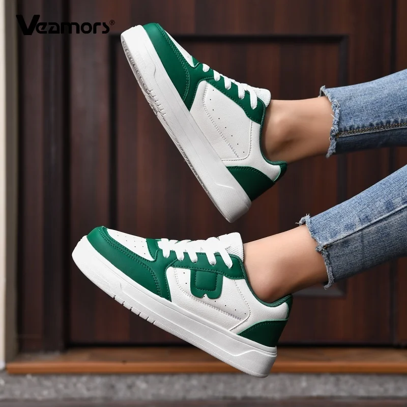 White PU Leather Causal Sports Shoes for Men Fashion Lace-up Board Shoes Women Non-slip Running Jogging Trainers Low Top