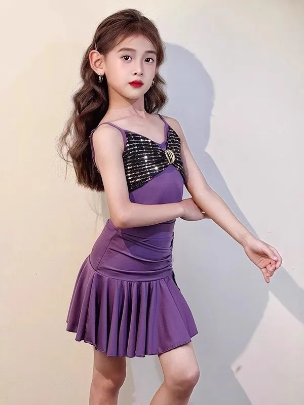 فستان لاتيني مخصص للأطفال البنات أرجواني مطبوع مثير بحزام سبليت قابل للطي نصف تنورة مجموعة ممارسة المنافسة المهنية