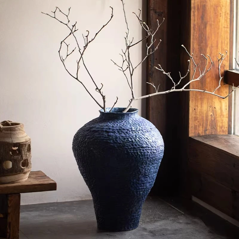 Ceramic floor-to-ceiling vase wabi-sabi wind zen coarse pottery jar entrance living room