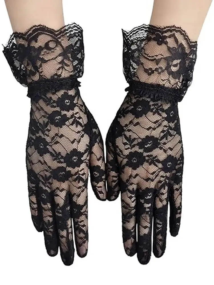 Transparente kurze Spitzenhandschuhe im Vintage-Stil für Damen mit Blumenmuster, handgelenklang, ausgefallenes Kostümzubehör für das Derby-Teeparty-Dinner – Detail 7