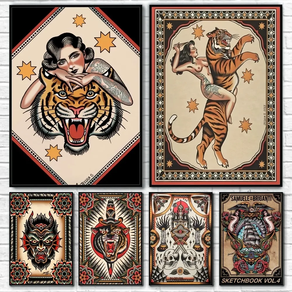 Affiche tatouée colorée du diable, impression d'art mural collant, imperméable, pour la maison, le salon, la chambre à coucher, le Bar, le couloir, décor esthétique