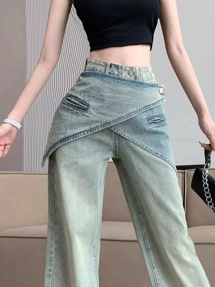 Damskie jesienno-zimowe nowe spodnie z odpinanym paskiem w talii, szerokie nogawki, styl amerykański, wysoki stan, retro jeansy streetwear