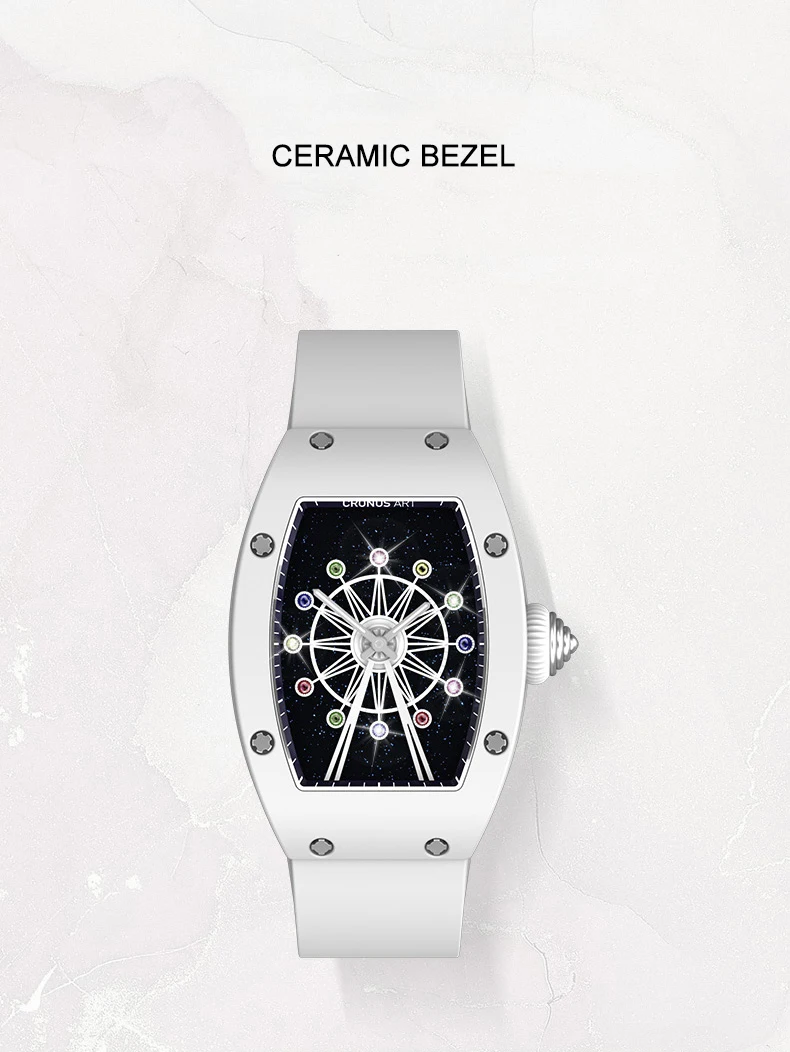 CRONUSART Orologio da donna di lusso Tonneau Orologio da polso al quarzo da donna Cassa in ceramica Cinturino in gomma fluorurata Quadrante ruota panoramica girevole