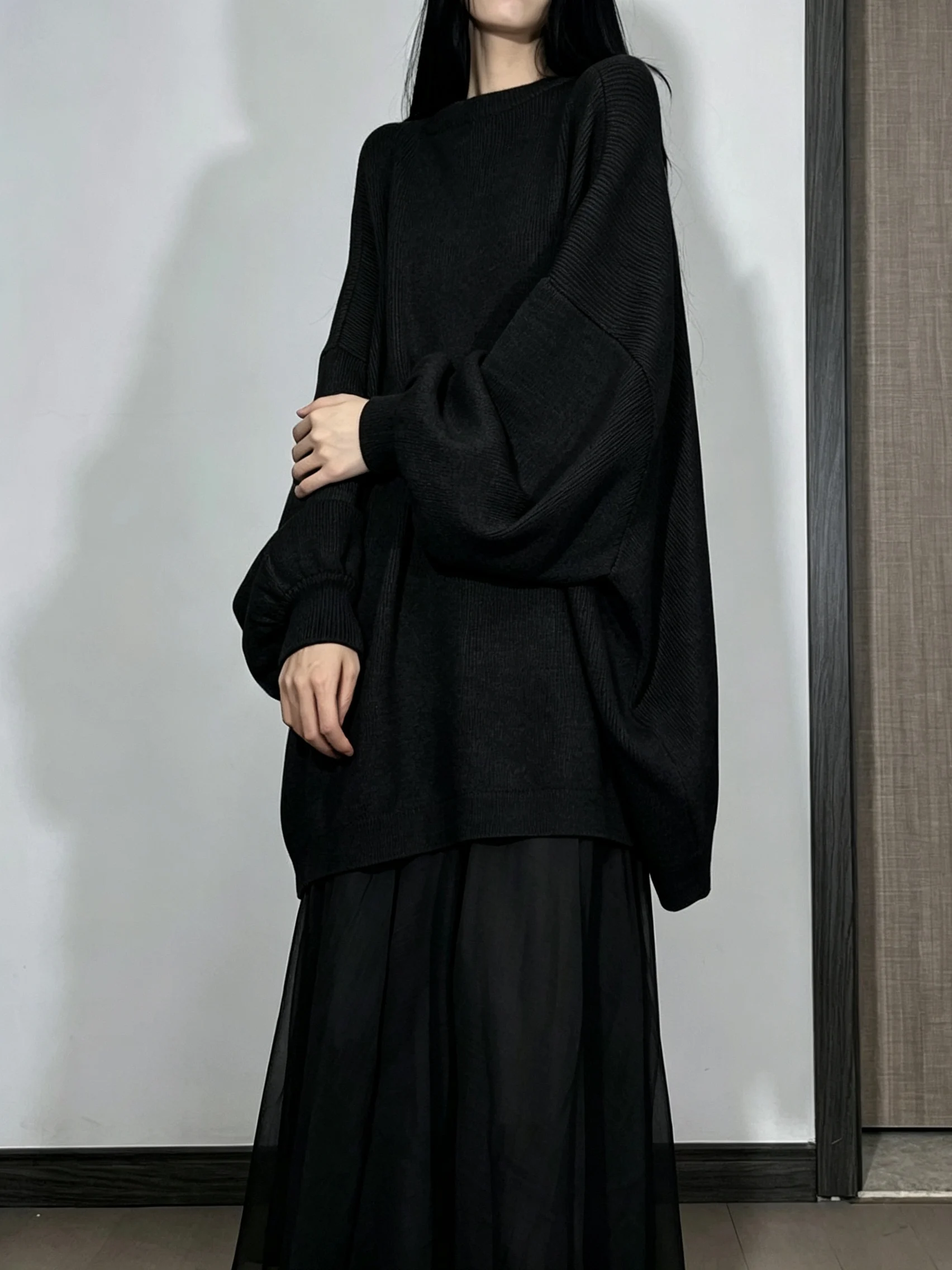 Loose Knitted Women's Top Lantern Sleeve Black Sweater Set New Chinese Style Loose Fit Fashionable Autumn Wear for All Ages