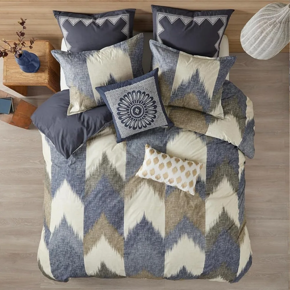 Cozy Cotton Comforter All Season Bed Linen Set Modern Cabin Lodge Ikat Chevron Design Navy King/Cal King 3 Piece Freight Free