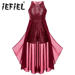 Kids Girls Sparkly Sequins Leotard Dress Birthday Party Formal Dancewear Sleeveless Chiffon Skirt Jumpsuit for Stage Performace