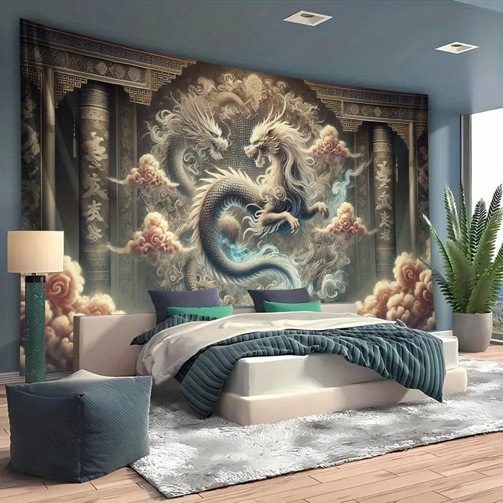 Large Dragon and Clouds Tapestry, Peach Beige Fabric with Intricate Oriental Art, Mystical Wall Hanging for Living Room Decor