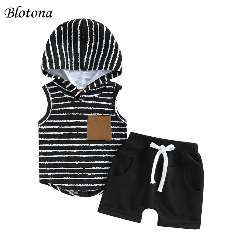 

Blotona Kids Boys Summer Outfits Striped Sleeveless Hooded Pullover Tops with Breast Pocket and Casual Shorts Set 0-4Years