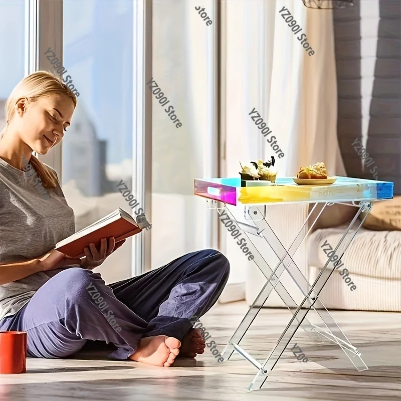Transparent Acrylic Folding Coffee Table, Portable Movable Storage Shelf, Light Luxury Home Table