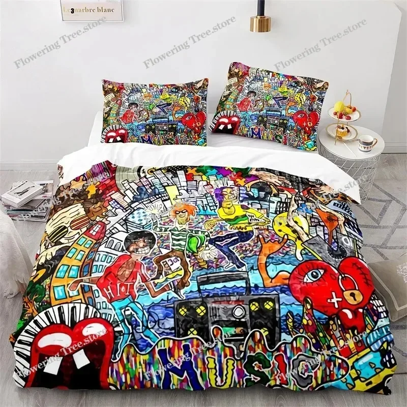 Graffiti Hip Hop Modern Street Art Bedding Set Boys Girls Twin Queen Size Duvet Cover Pillowcase Bed Kids Adult029