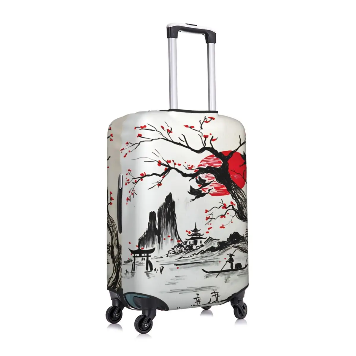 Ink Wash Plum Mountain Fisherman Red Sun Zen Luggage Cover Elastic Travel Suitcase Protective Covers Suit For 18-32 inch