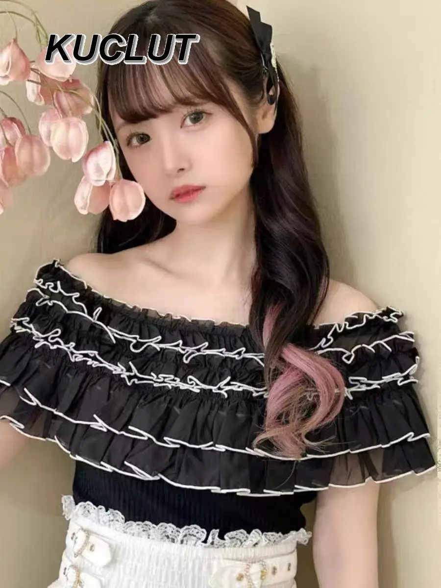 

Милые милые элегантные блузки в японском стиле, женские вязаные лоскутные топы с открытыми плечами с рюшами для женщин, модная повседневная рубашка