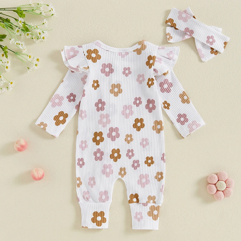 Infant Baby Girls Full Sleeve Rib Cotton Floral Print Romper Playsuit Jumpsuit Headband Newborn Spring Autumn Clothes