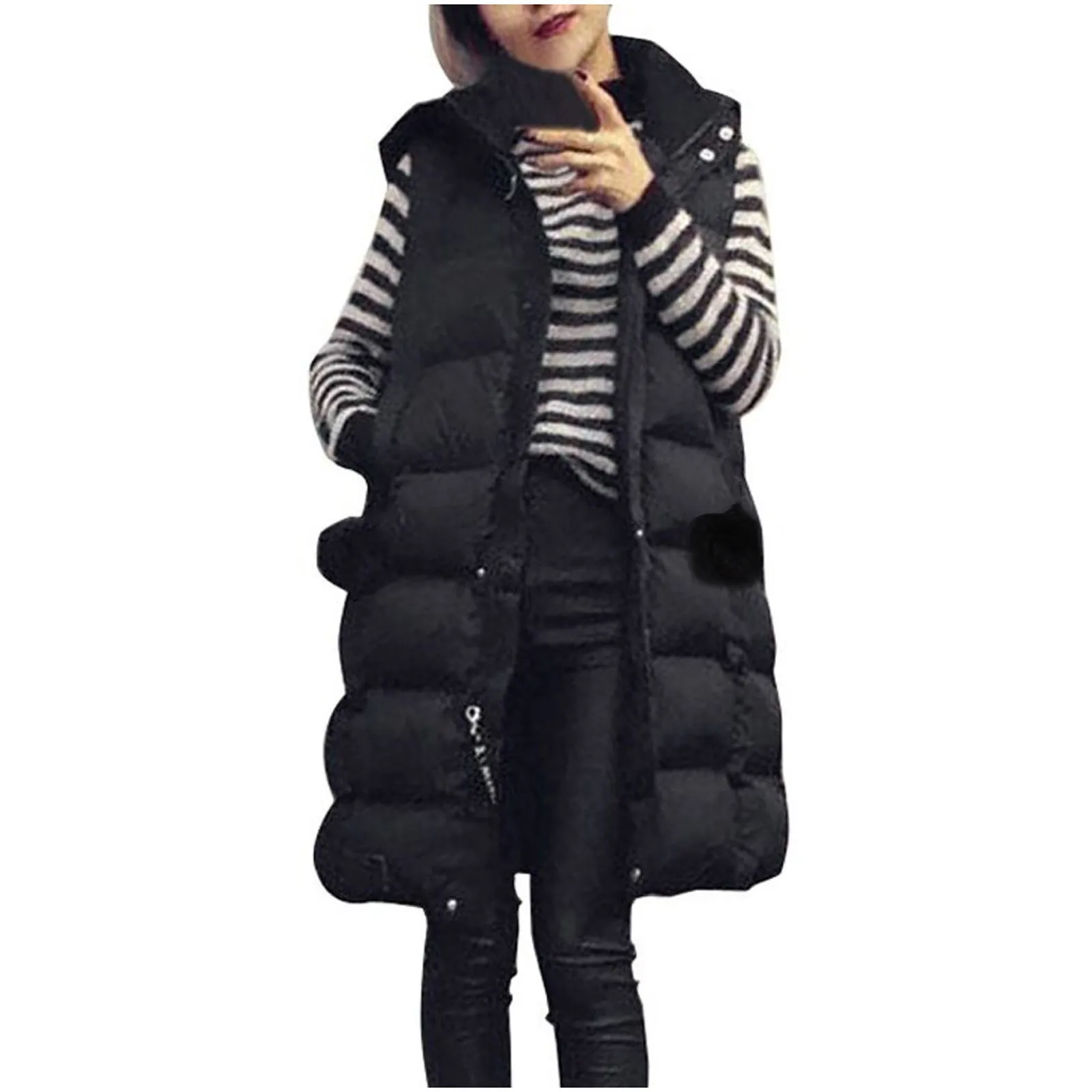 Herfst Winter Vrouwen Capuchon Lange Parka Vest Effen Kleur Mode Warme Zwarte Capuchon Dons Jas Parka Dames Mouwloze Vesten