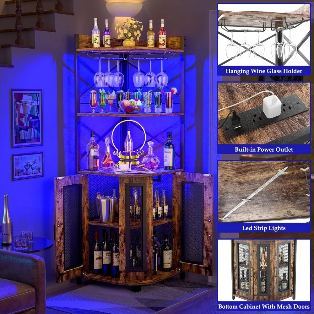 Armoire à vin industrielle avec bande LED et porte-verre, armoire de bar d'angle, rustique, marron, sans fret, accessoires de bar, maison