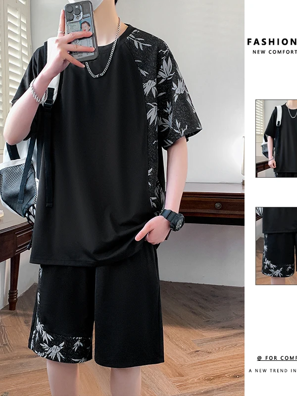 

Летний спортивный комплект из ледяного шелка для мужчин: повседневная одежда, тонкая футболка и шорты из полиэстера, молодежный модный комплект с коротким рукавом и брюками.