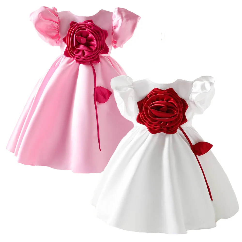 Formal Baby Girl Dress Rose  Flower Elegant Princess Dresses Party Wedding Birthday Puff Ball Gown Kids Outfit Children Garment