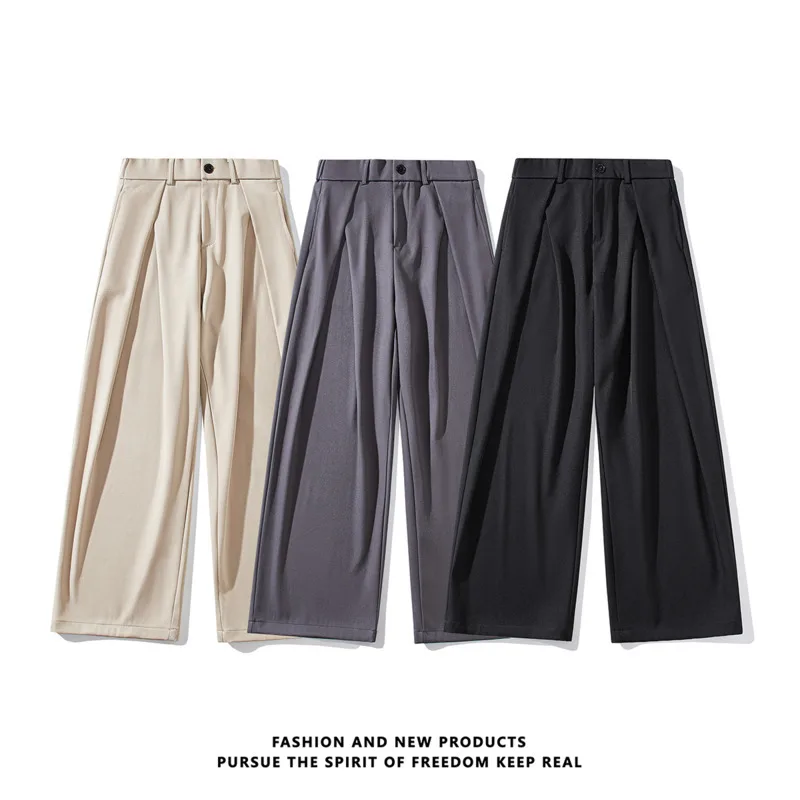 오버사이즈 정장 바지 남성 패션 사회 남성용 블랙 드레스 팬츠 한국식 루즈 와이드 레그 팬츠 남성용 오피스 정장 바지 S-3XL
