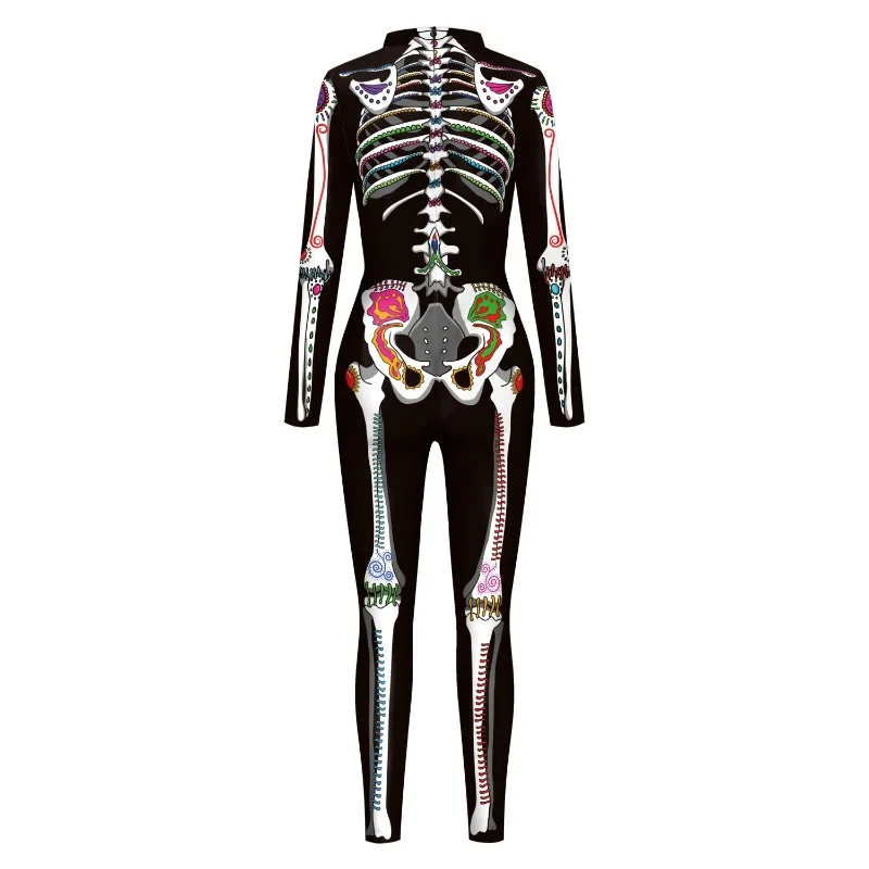 Weißes Skelett Muster Overall Frauen Halloween Ghost Cosplay Kostüm Langarm Bodysuit Karneval Party Zentai Erwachsenen Outfit