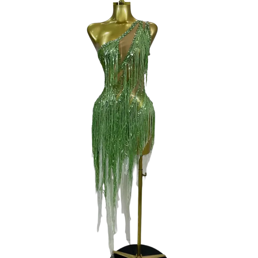 Luxury Sexy One Shoulder Green Fringe Dress Elegant Rhinestone Tassel Latin Dance Gown Wedding Guest Birthday Party Club Wear