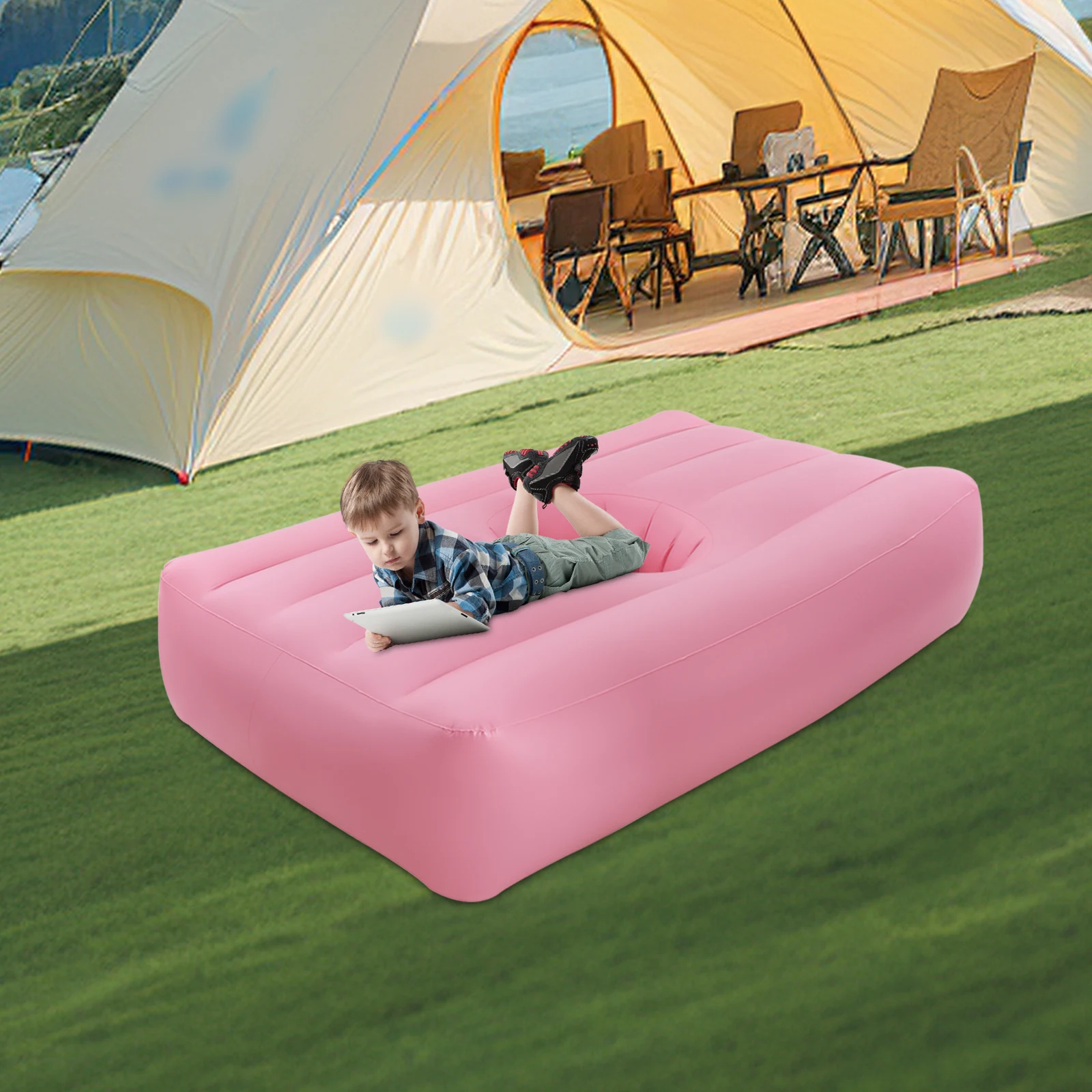 مرتبة هوائية PVC وردية مع فتحة مركزية، سرير ضيوف قابل للنفخ بارتفاع مزدوج للبالغين والأطفال، صمام نفخ سريع، مانع للتسرب
