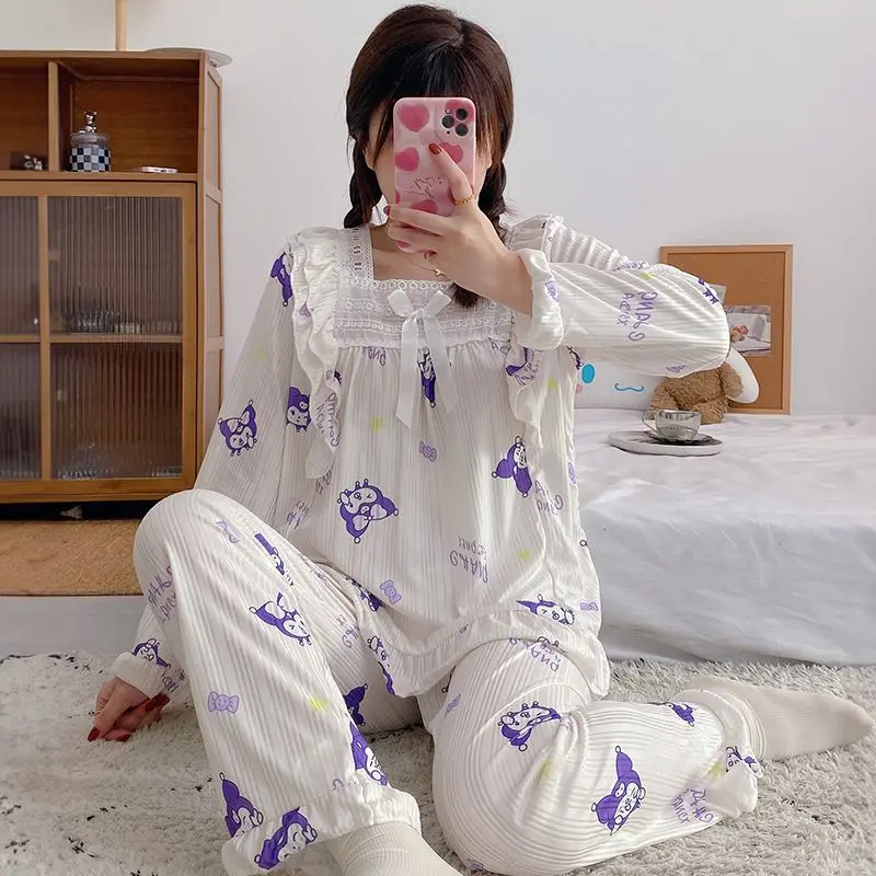 New Sanrio Melody Pajamas Sleepwear Kawaii Kuromi Woman Spring Autumn Long Sleeve Sweet Lovely Fashion Style Homewear Loungewear