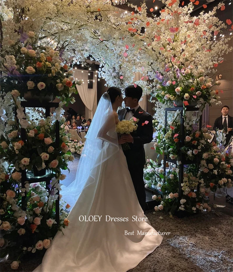 OLOEY-vestidos de novia de satén suave para sesión de fotos, vestido de novia con cordones en la espalda, longitud hasta el suelo, un hombro, línea A, Simple