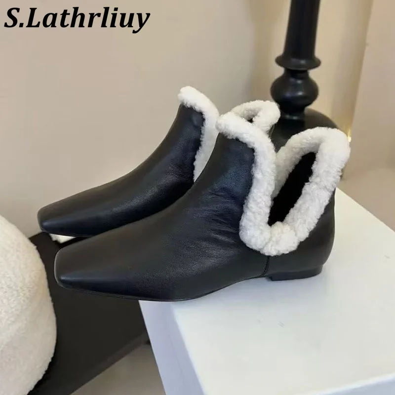 Flat Fur Snow Boots Women Genuine Leather Round Toe Short Boots Ladies Winter Real Wool Lining Ankle Botas Zapatos De Muje