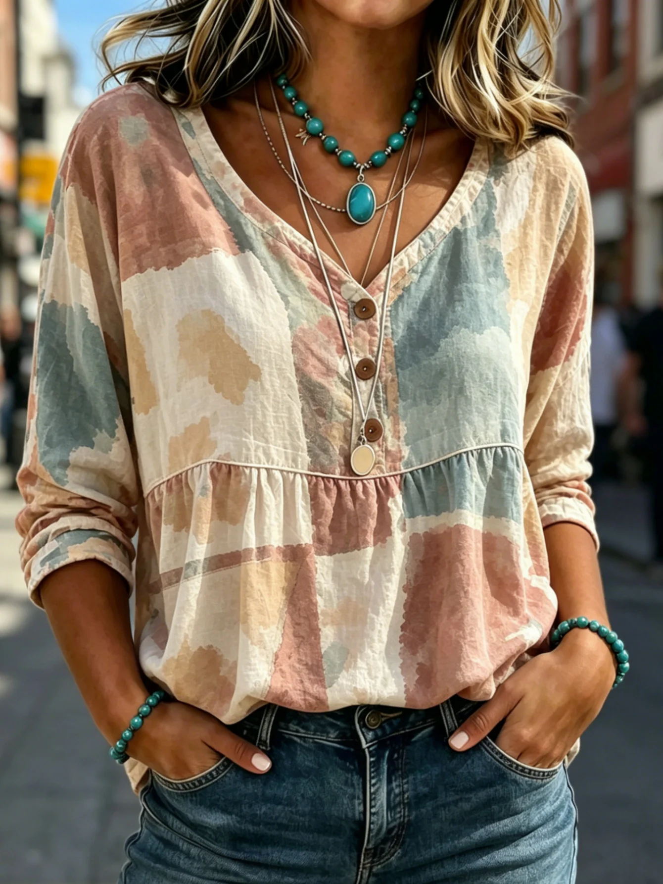 

Watercolor Color Block Blouse Women Muted Tone V Neck Half Button Gathered Hem Oversized Urban Street Casual Shirt