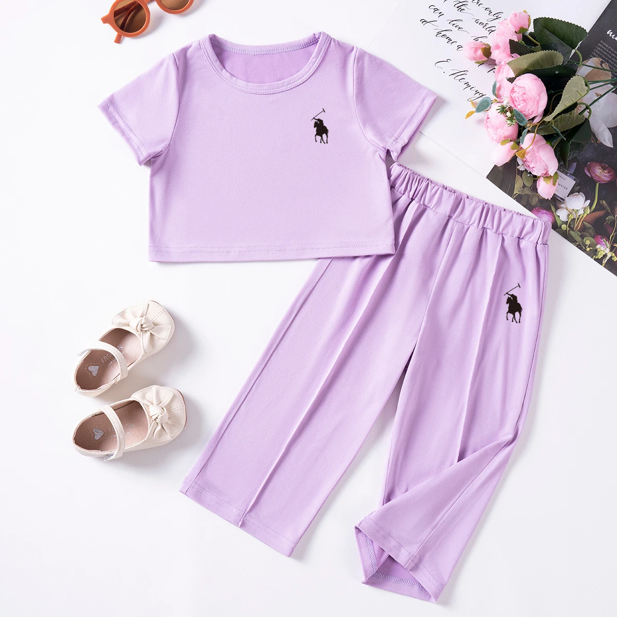 Toddler Girls Casual Suit Purple Solid Short Sleeves T-shirts+Wide Leg Pants 2pcs Clothes Sets Children Simple Sports Outfits