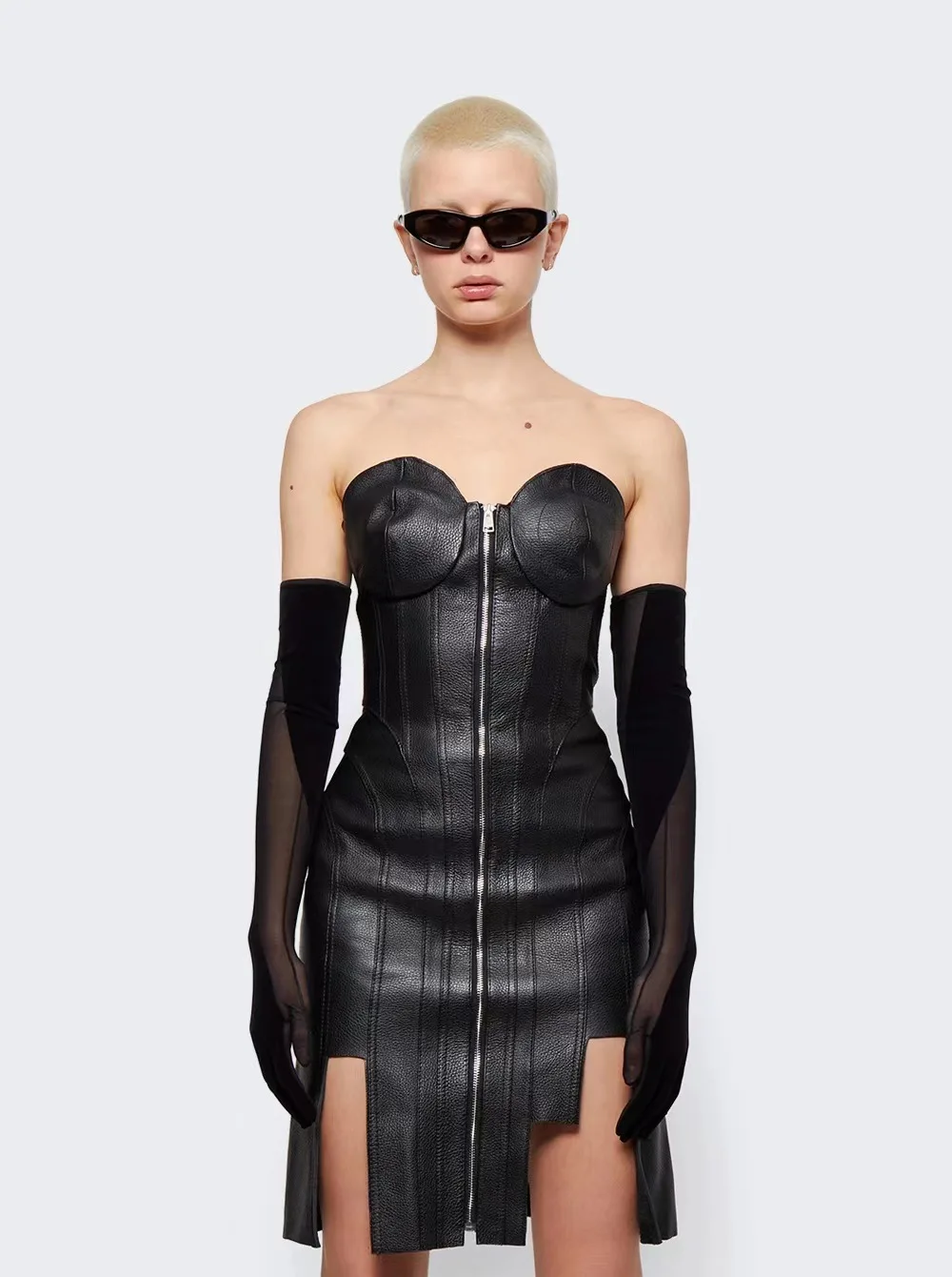 

PU leather dress women's black tight tube top cone dress high-end gift party sexy temperament elegant high-end clothing dance co